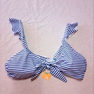 NWT Kona Sol Blue and White Striped Bikini Top Ruffled Straps